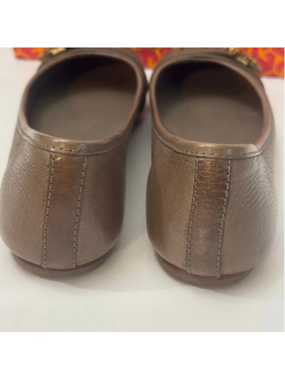 Tory Burch Reva Metallic Taupe Leather Logo Ballet Flats Gold Hardware 9.5M